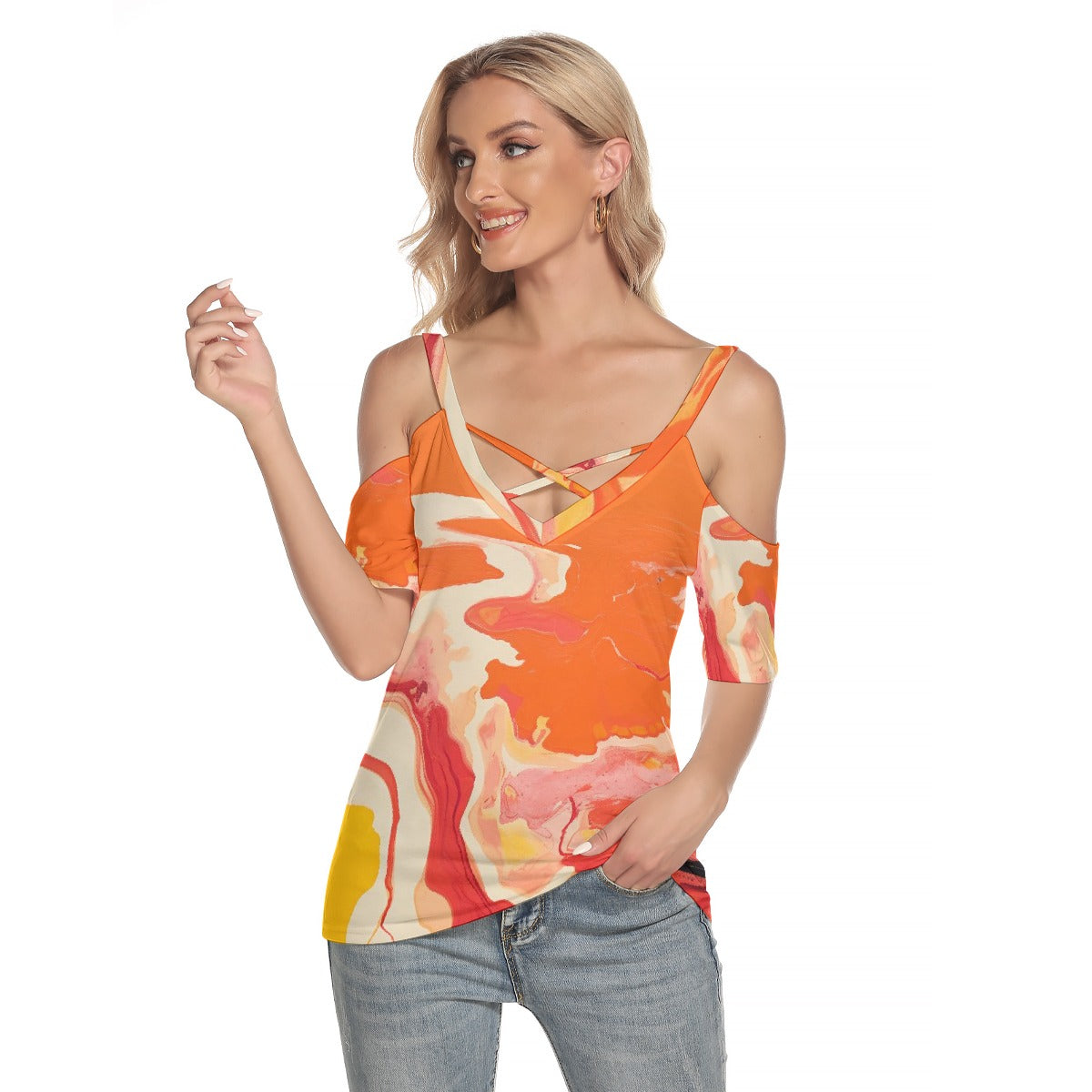 All-Over Print Women's Cold Shoulder T-shirt With Criss Cross Strips