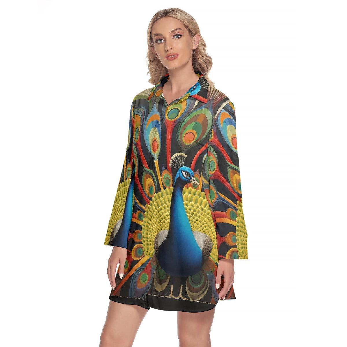 All-Over Print Women's Lapel Shirt Dress With Long Sleeve