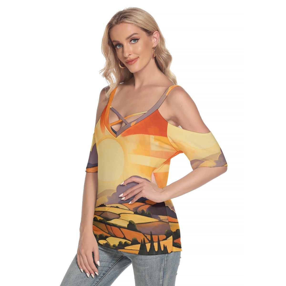 All-Over Print Women's Cold Shoulder T-shirt With Criss Cross Strips