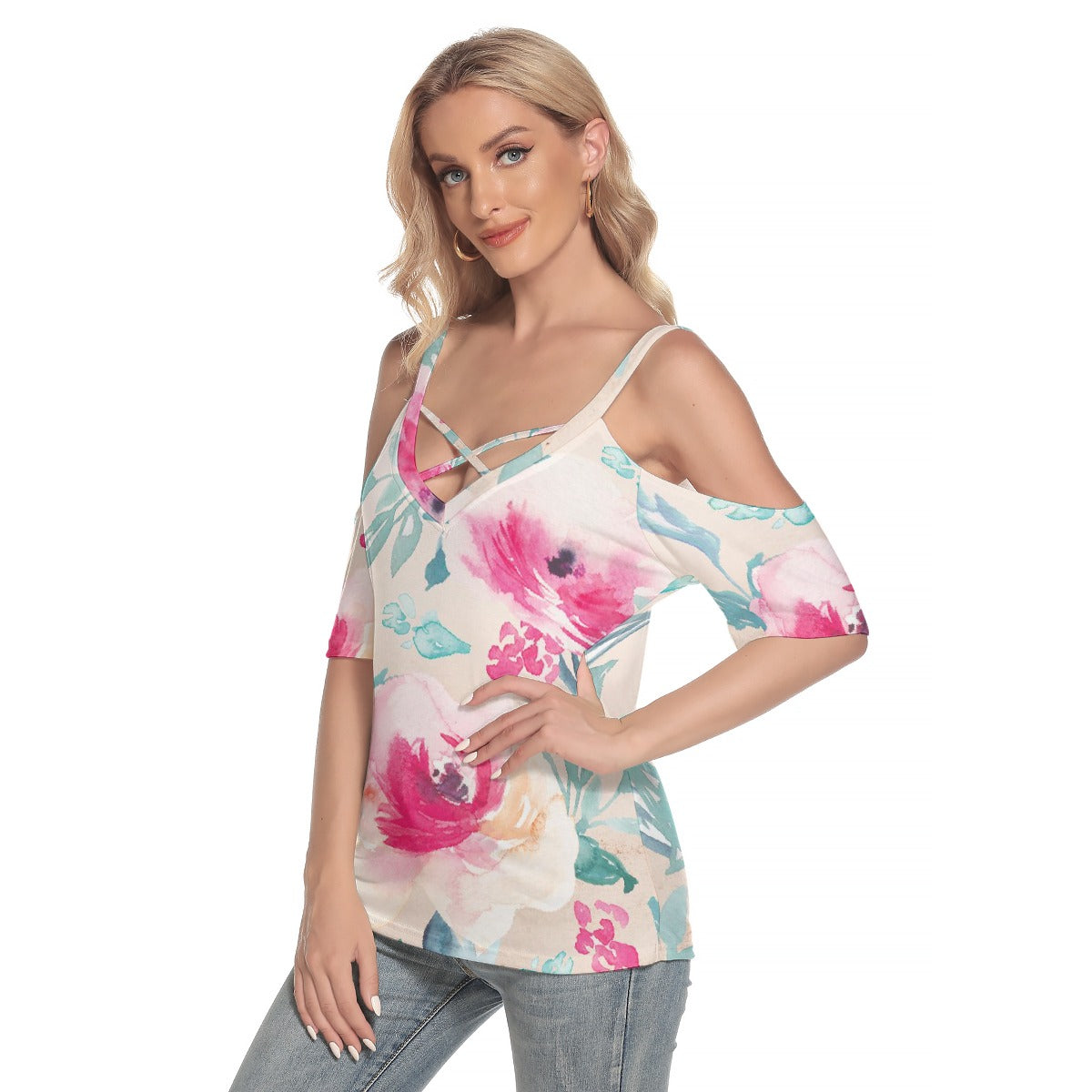 All-Over Print Women's Cold Shoulder T-shirt With Criss Cross Strips