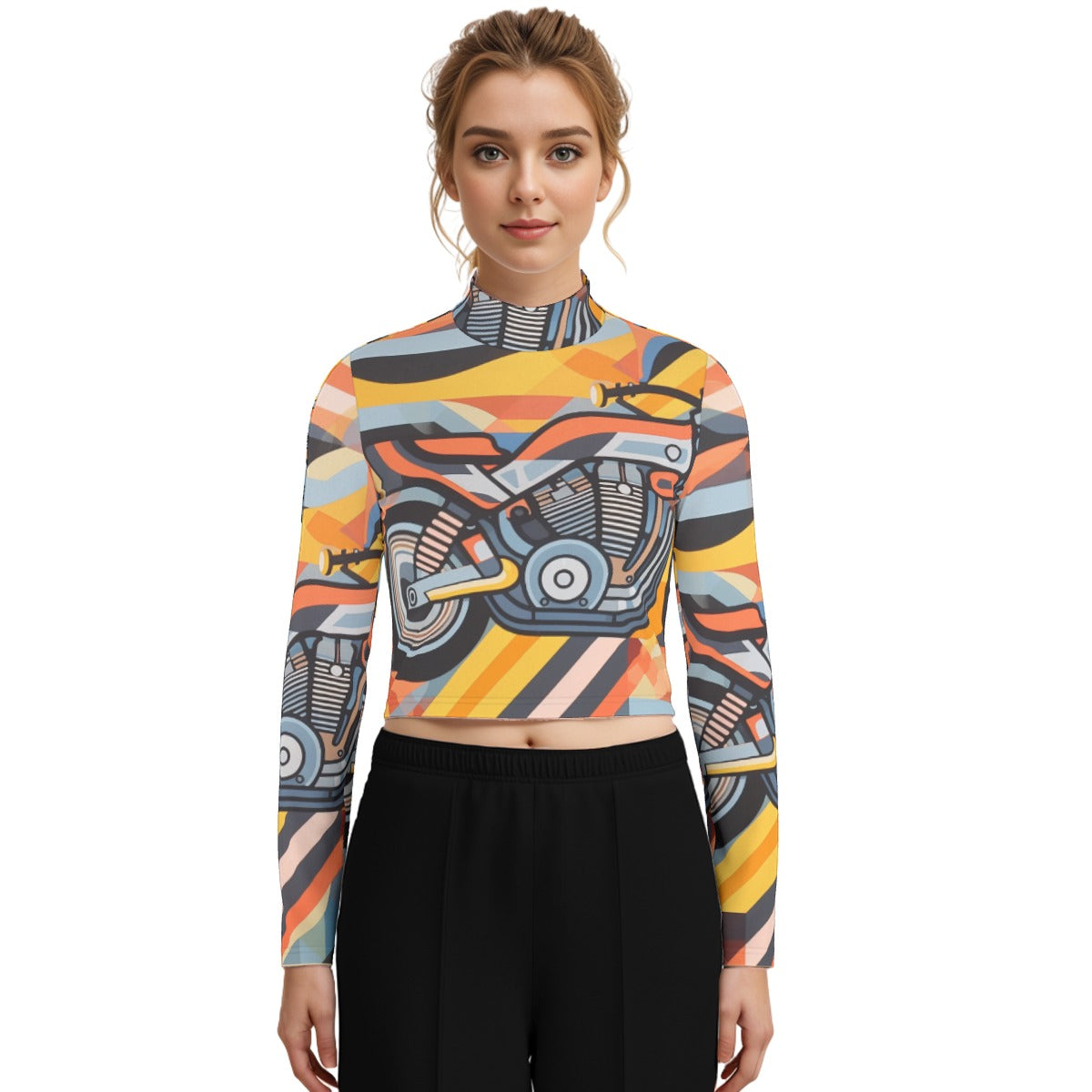 Eco-Friendly All-Over Print Women's Turtleneck T-shirt With Long Sleeve