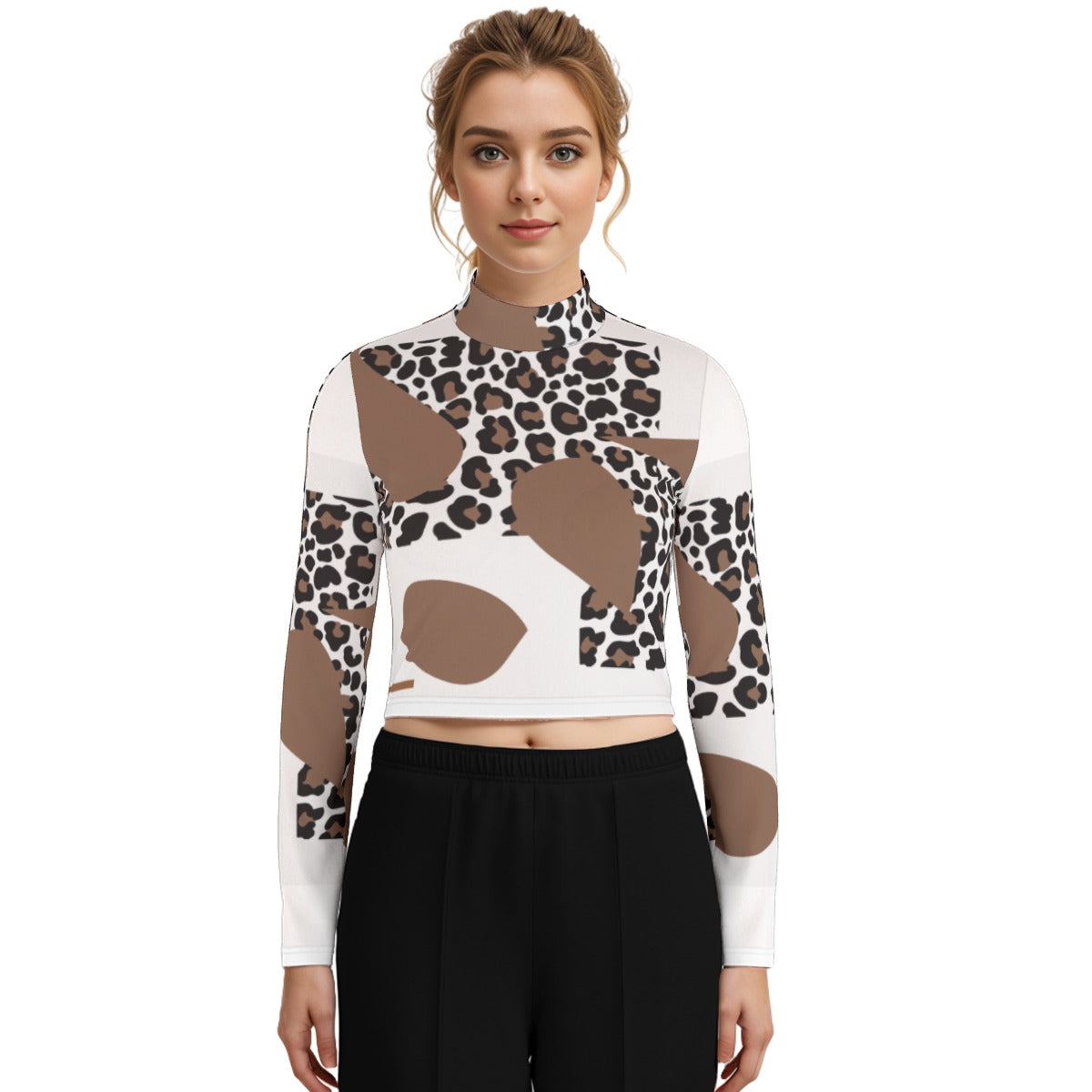 Eco-Friendly All-Over Print Women's Turtleneck T-shirt With Long Sleeve