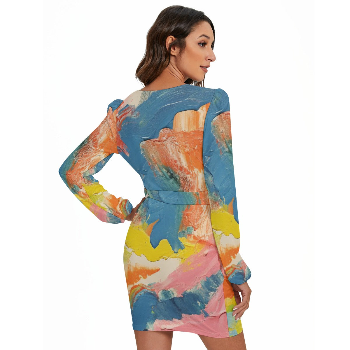 All-Over Print Women's Long Sleeve Dress With Waist Belt