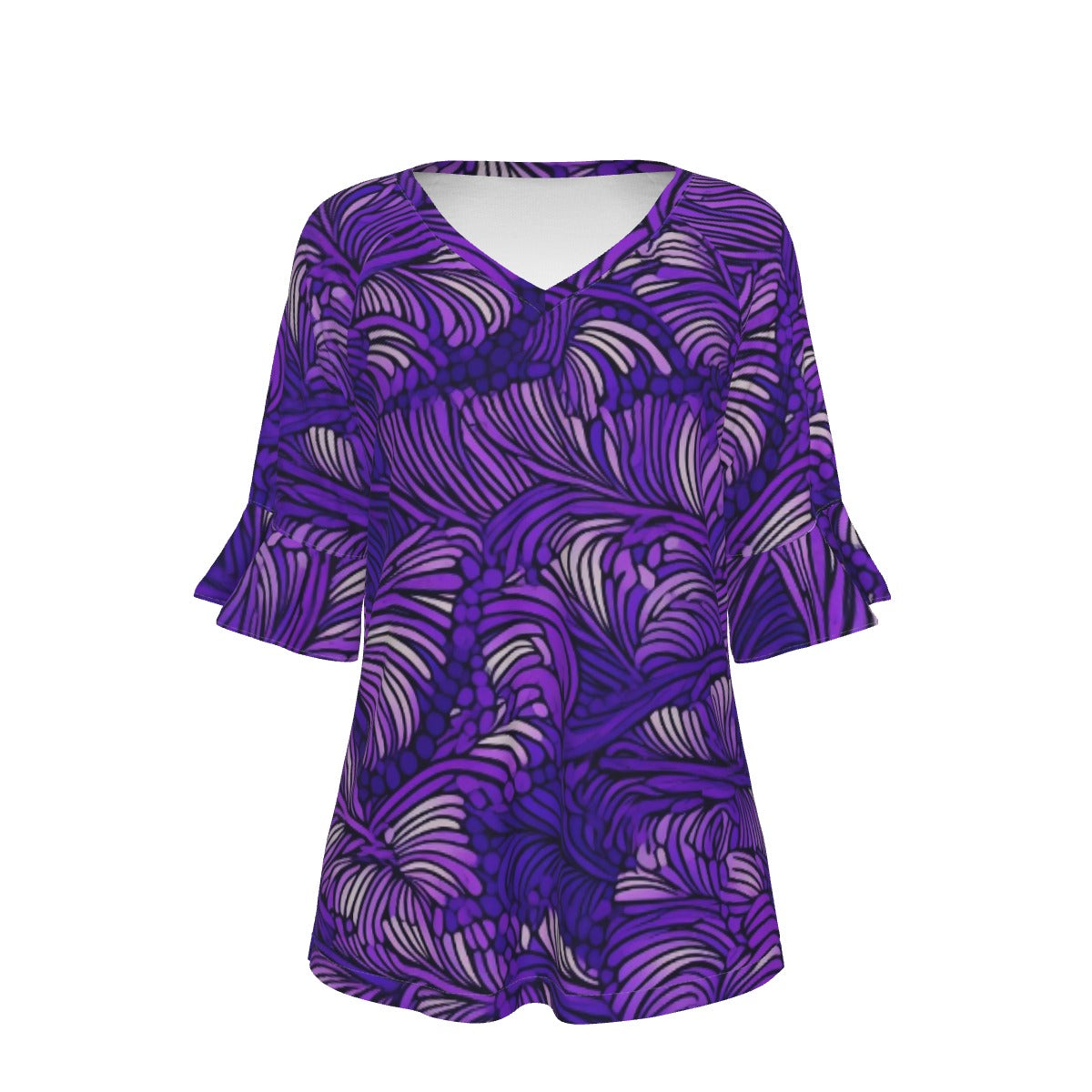 All-Over Print V-neck Women's T-shirt With Bell Sleeve