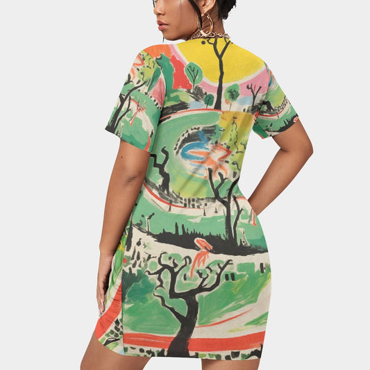 All-Over Print Women’s Stacked Hem Dress With Short Sleeve（Plus Size）