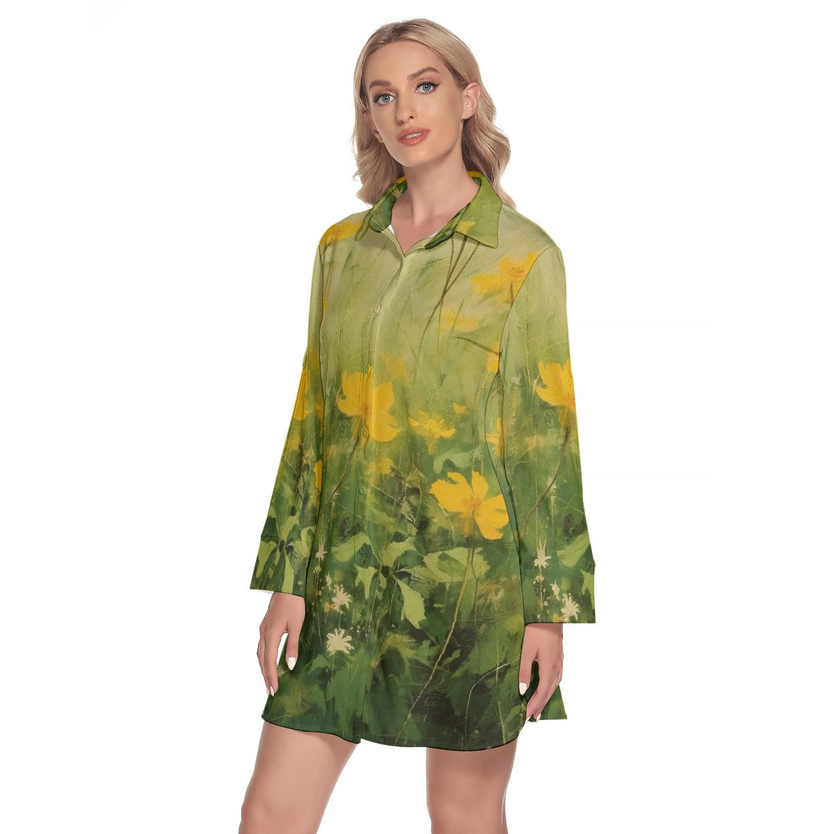 All-Over Print Women's Lapel Shirt Dress With Long Sleeve