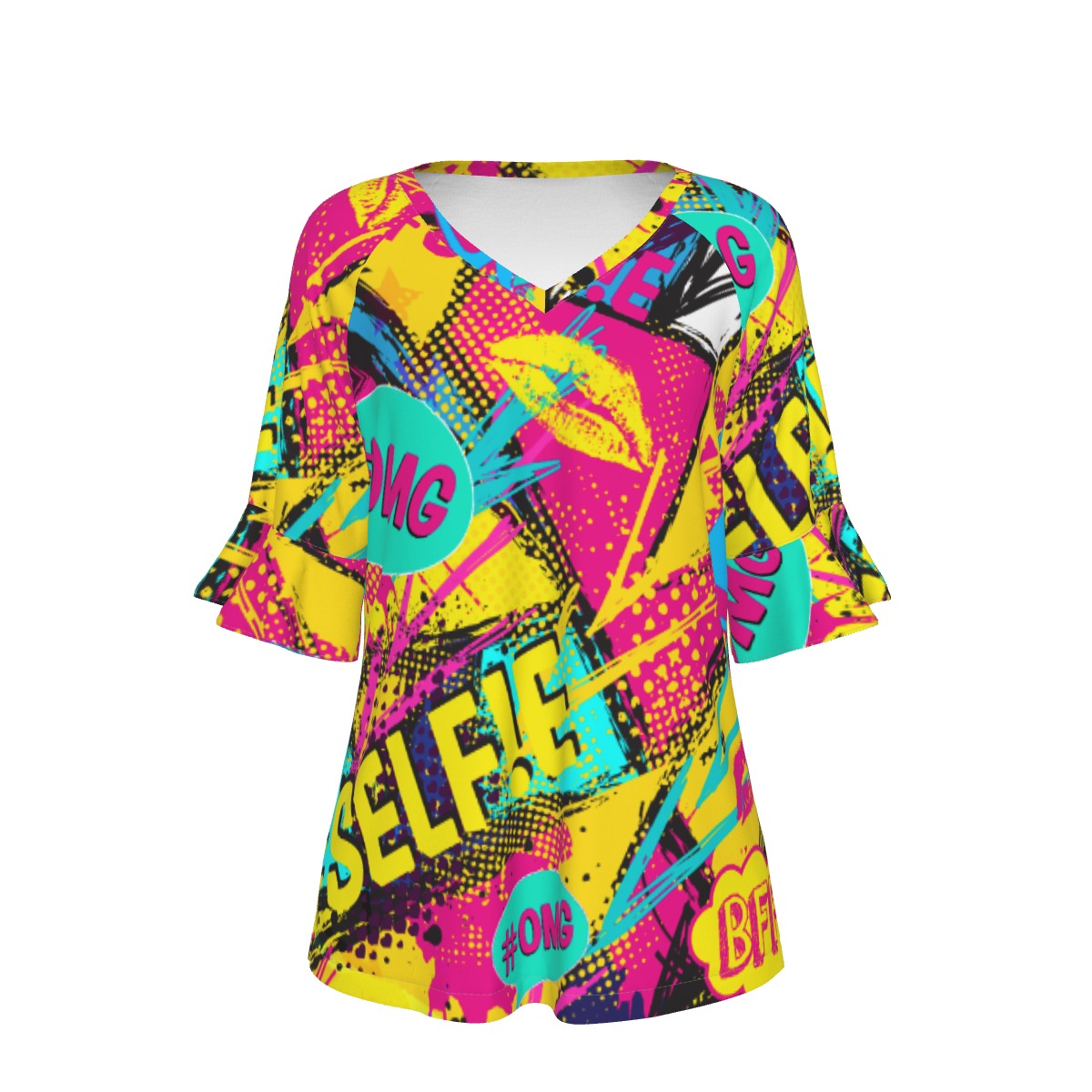 All-Over Print V-neck Women's T-shirt With Bell Sleeve