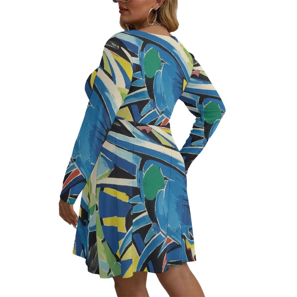 All-Over Print Women's V-neck Long Sleeve Dress(Plus Size)