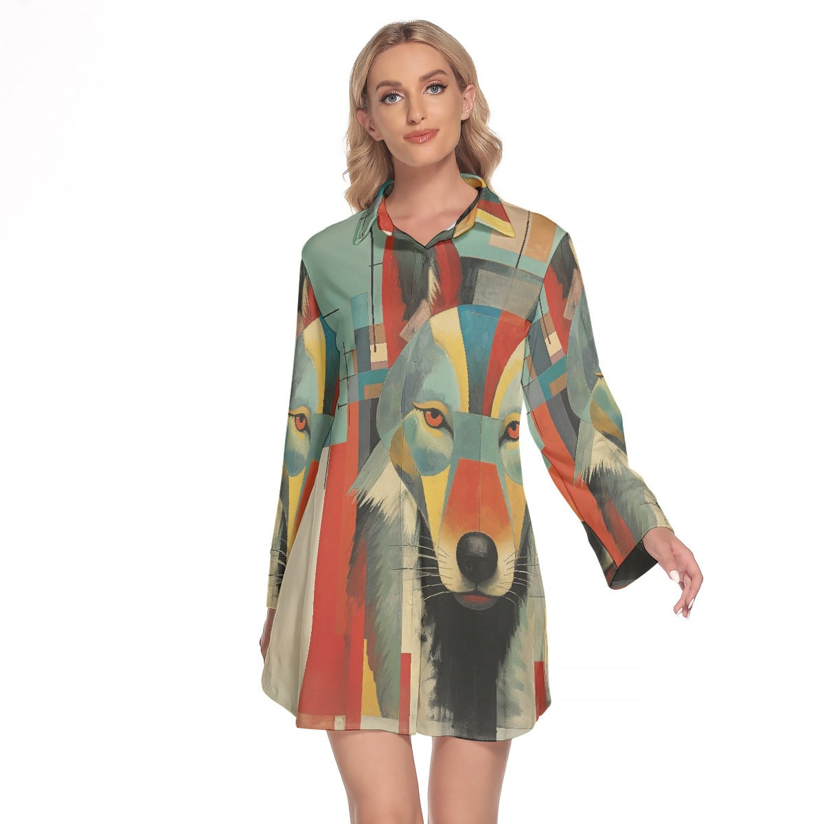 All-Over Print Women's Lapel Shirt Dress With Long Sleeve