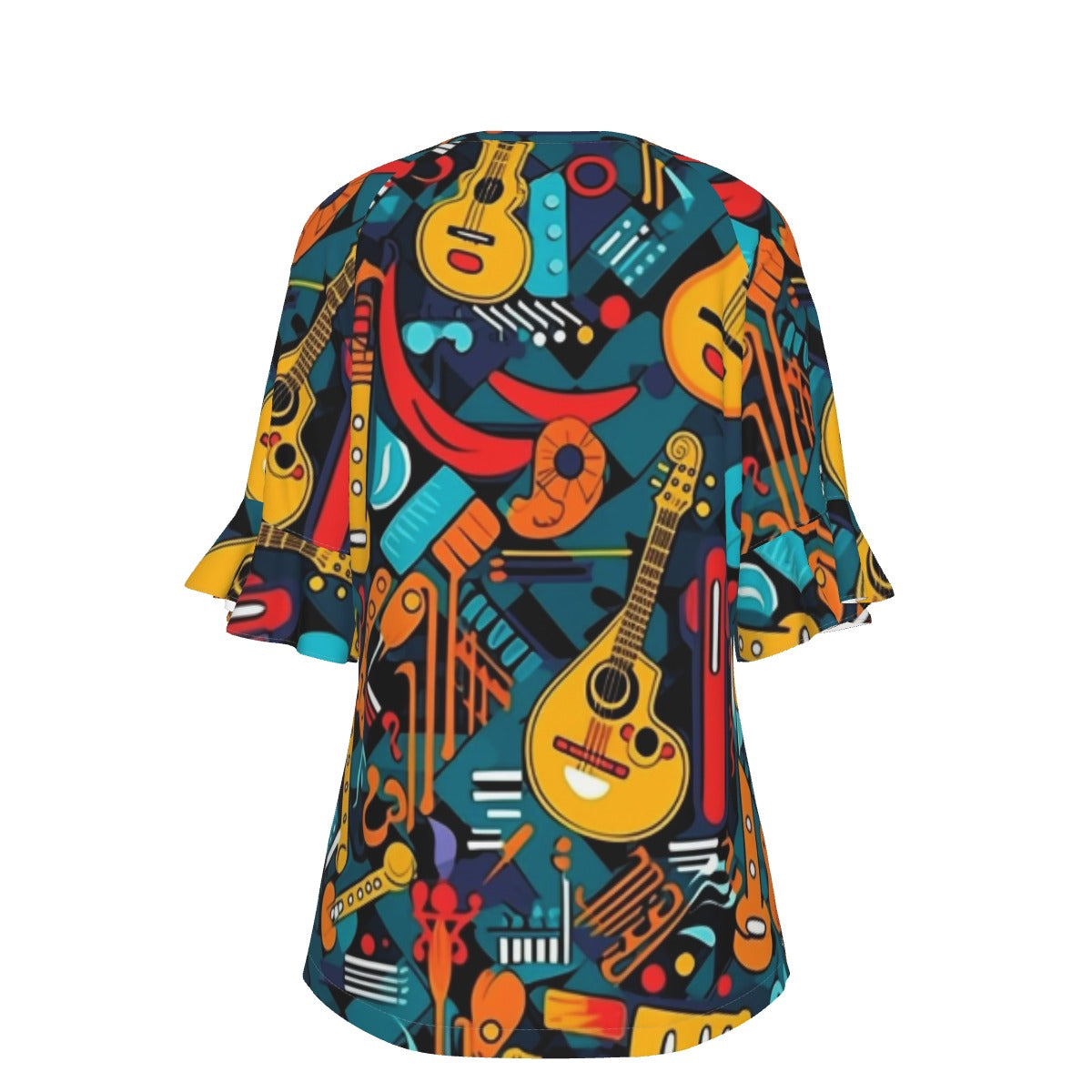 All-Over Print V-neck Women's T-shirt With Bell Sleeve