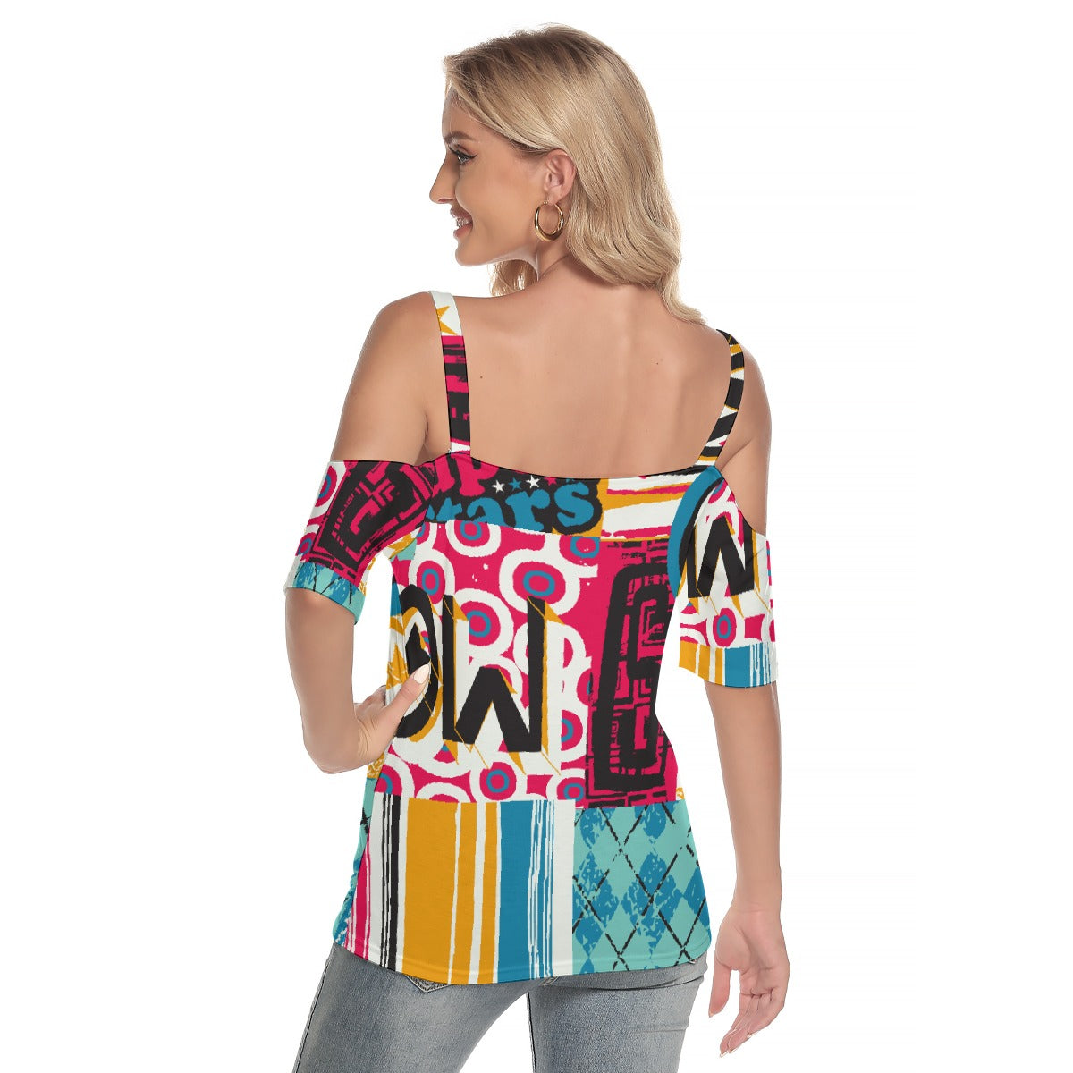 All-Over Print Women's Cold Shoulder T-shirt With Criss Cross Strips