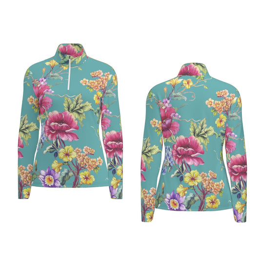 All-Over Print Women's Sports Collar Jersey With Long Sleeve