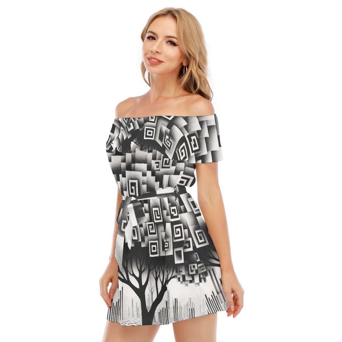 All-Over Print Women's Off-shoulder Dress With Ruffle