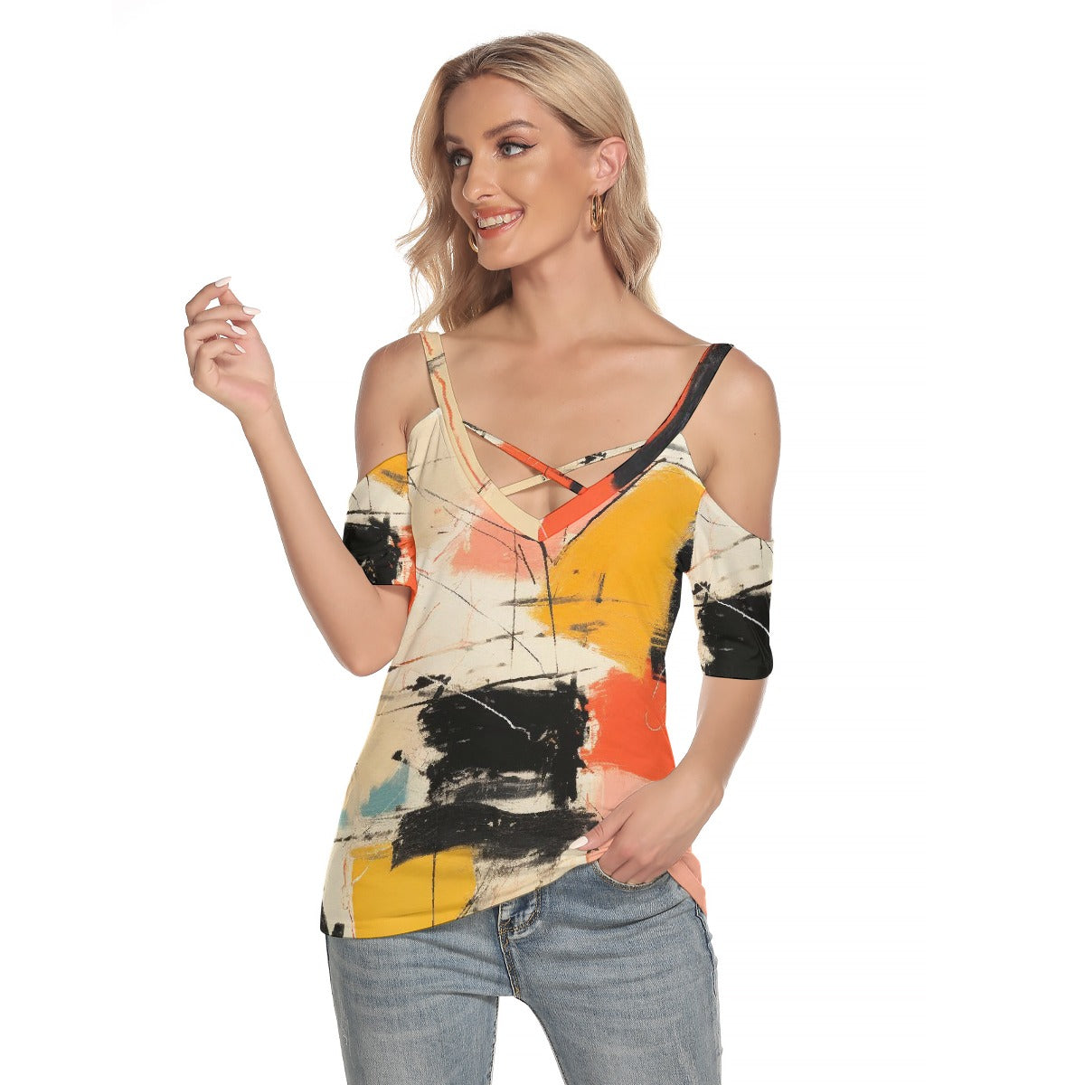 All-Over Print Women's Cold Shoulder T-shirt With Criss Cross Strips