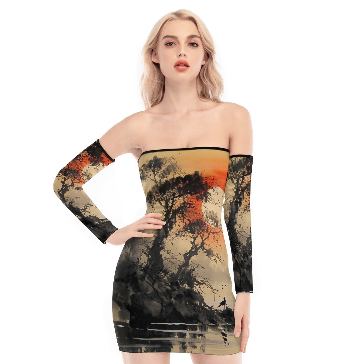 All-Over Print Women's Off-shoulder Back Lace-up Dress