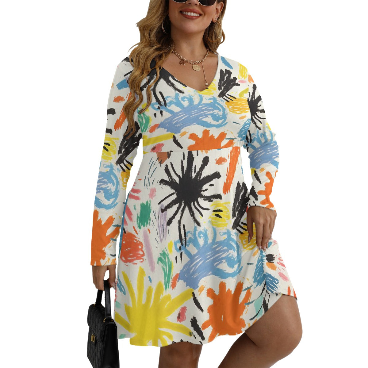 All-Over Print Women's V-neck Long Sleeve Dress(Plus Size)