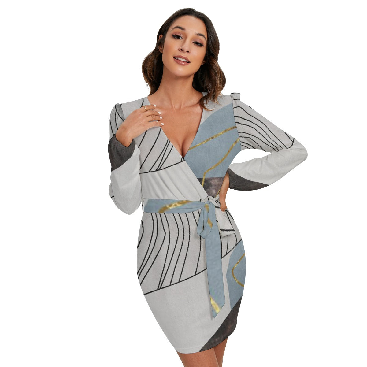 All-Over Print Women's Long Sleeve Dress With Waist Belt