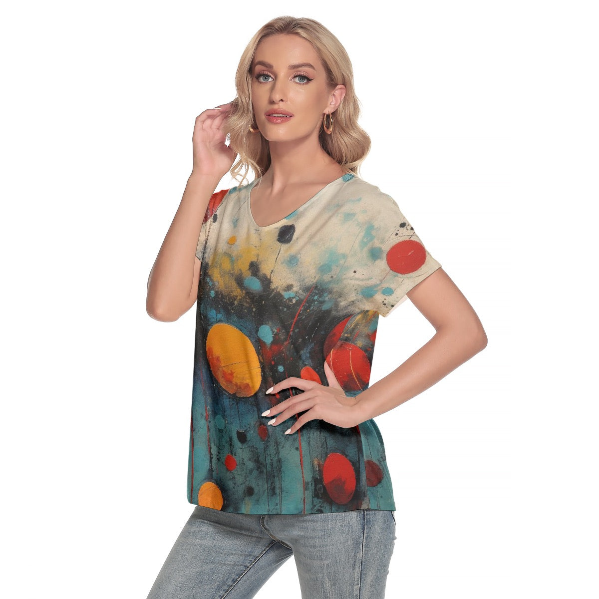 All-Over Print Women's Loose V-neck Short Sleeve T-shirt