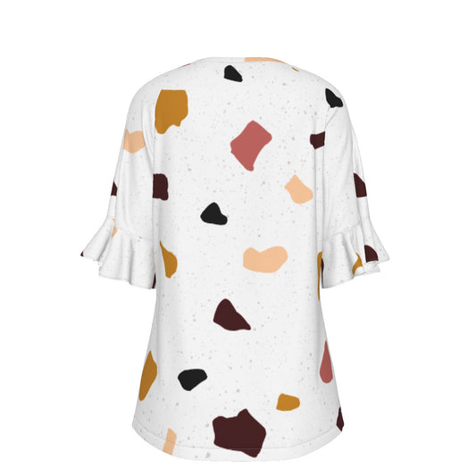 All-Over Print V-neck Women's T-shirt With Bell Sleeve