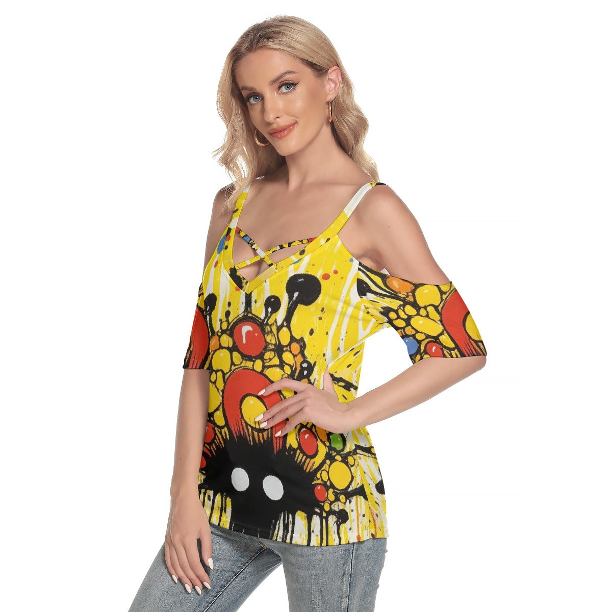 All-Over Print Women's Cold Shoulder T-shirt With Criss Cross Strips