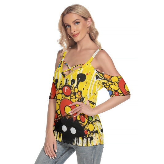 All-Over Print Women's Cold Shoulder T-shirt With Criss Cross Strips