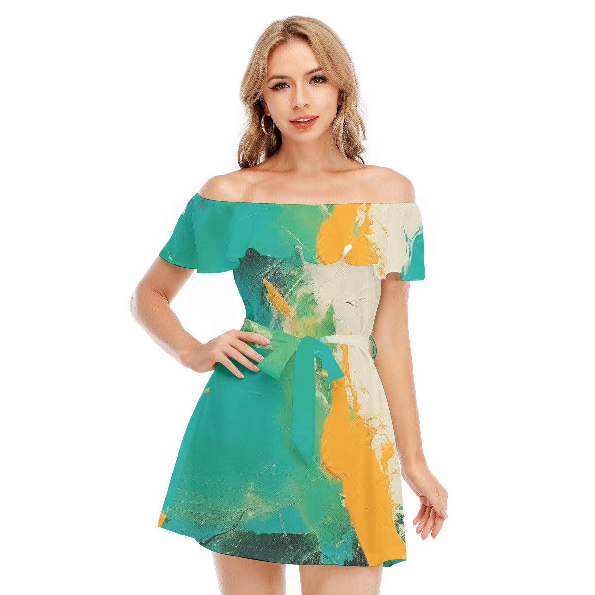 All-Over Print Women's Off-shoulder Dress With Ruffle