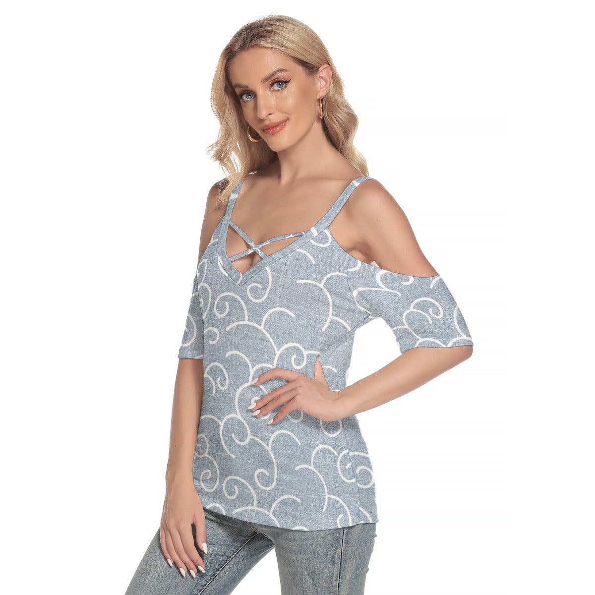 All-Over Print Women's Cold Shoulder T-shirt With Criss Cross Strips