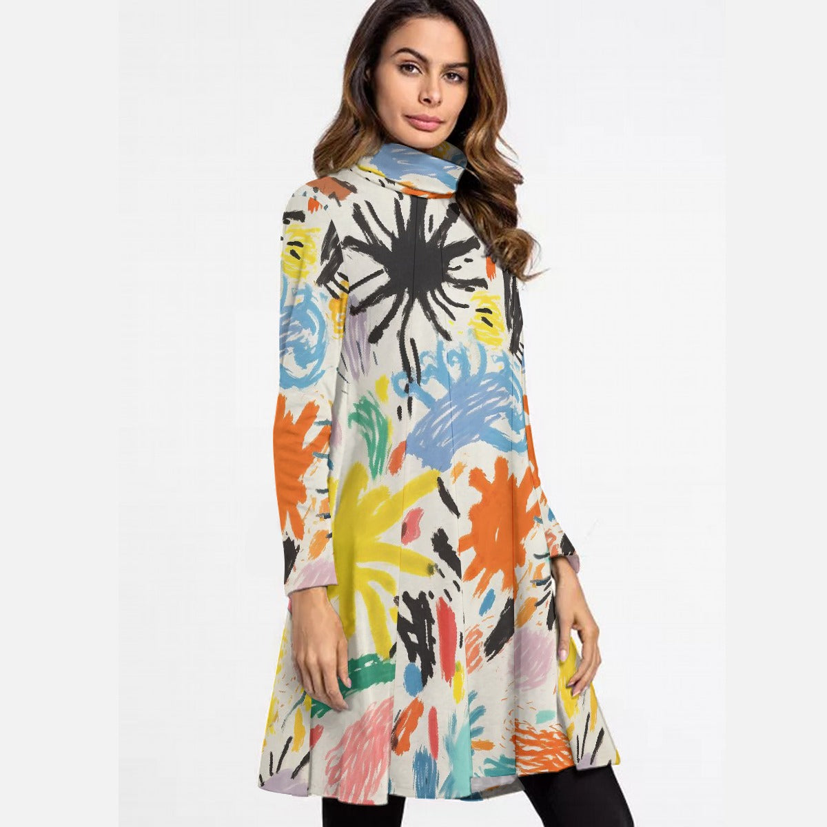 All-Over Print Women's High Neck Dress With Long Sleeve