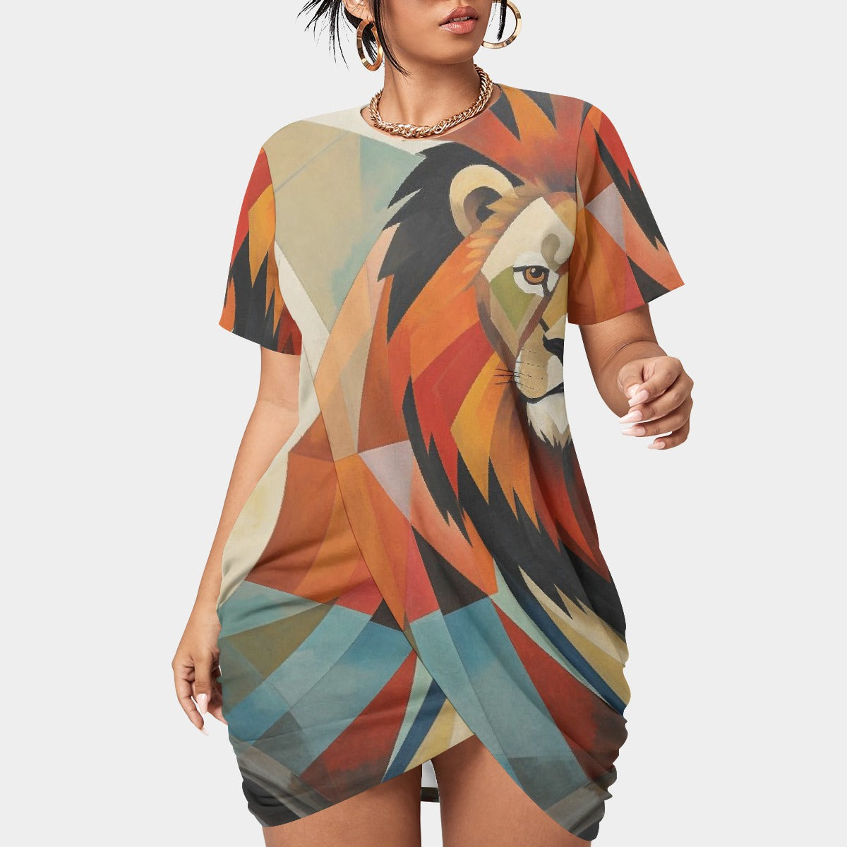 All-Over Print Women’s Stacked Hem Dress With Short Sleeve（Plus Size）