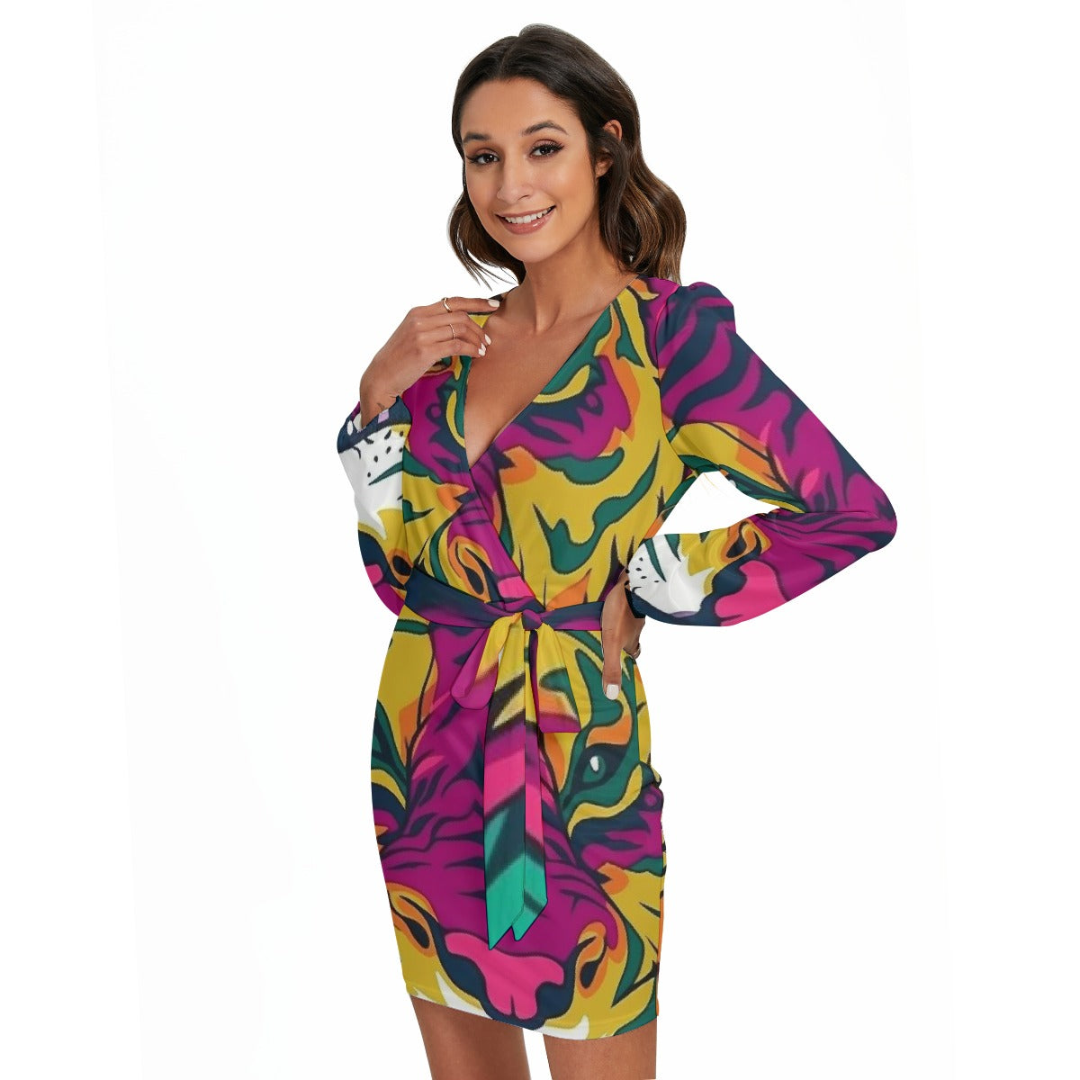 All-Over Print Women's Long Sleeve Dress With Waist Belt