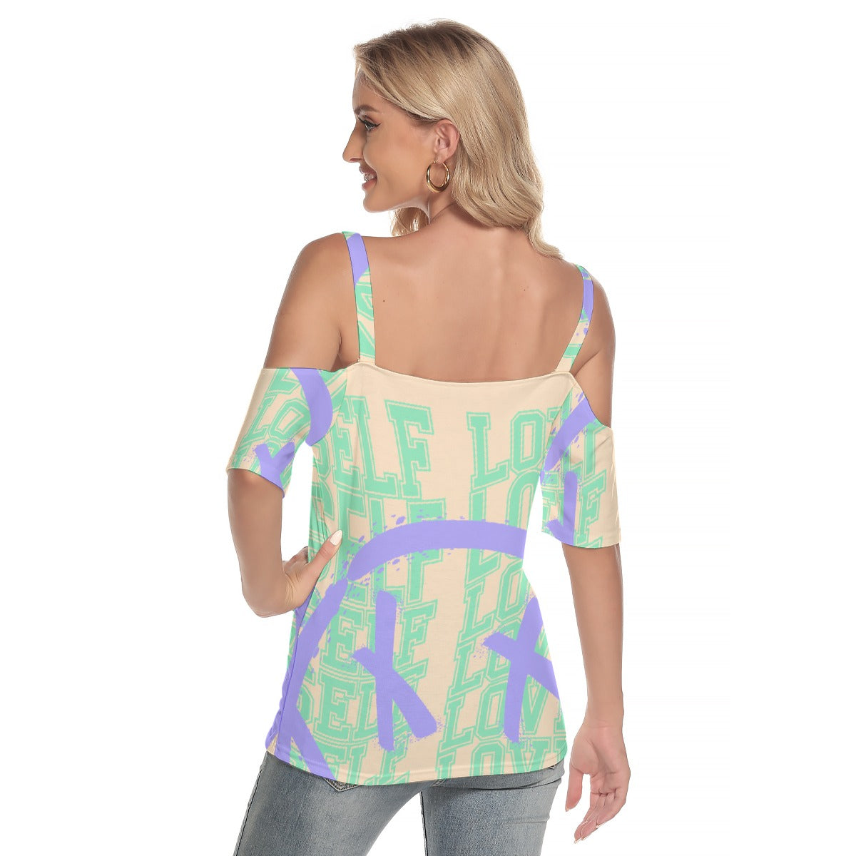 All-Over Print Women's Cold Shoulder T-shirt With Criss Cross Strips