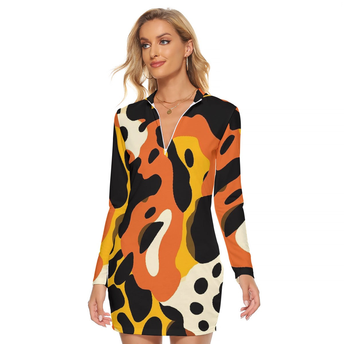 All-Over Print Women's Zip Front Tight Dress