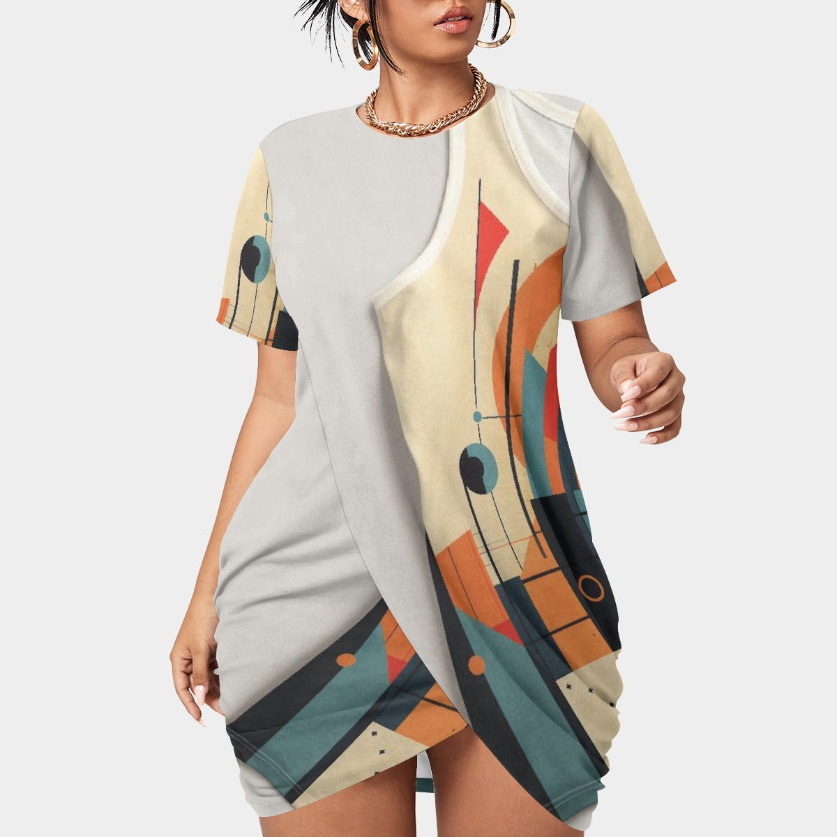 All-Over Print Women’s Stacked Hem Dress With Short Sleeve（Plus Size）