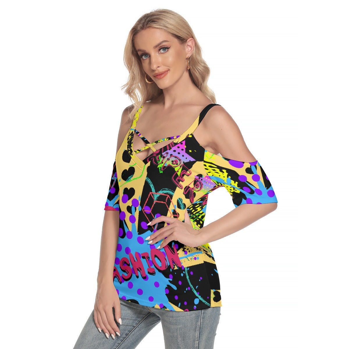 All-Over Print Women's Cold Shoulder T-shirt With Criss Cross Strips