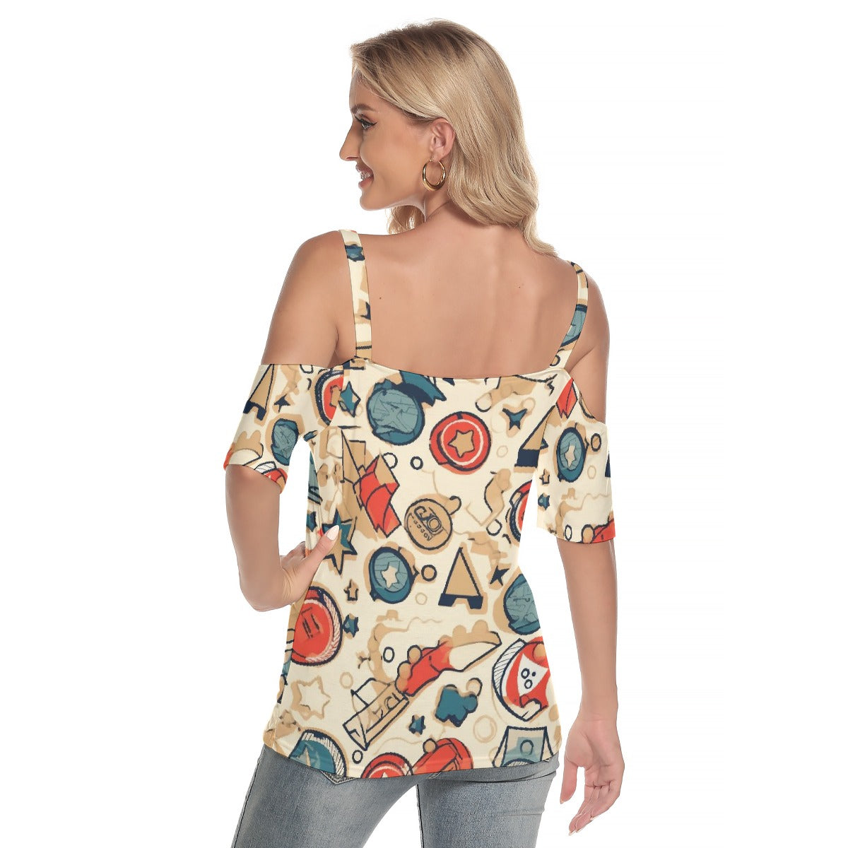 All-Over Print Women's Cold Shoulder T-shirt With Criss Cross Strips