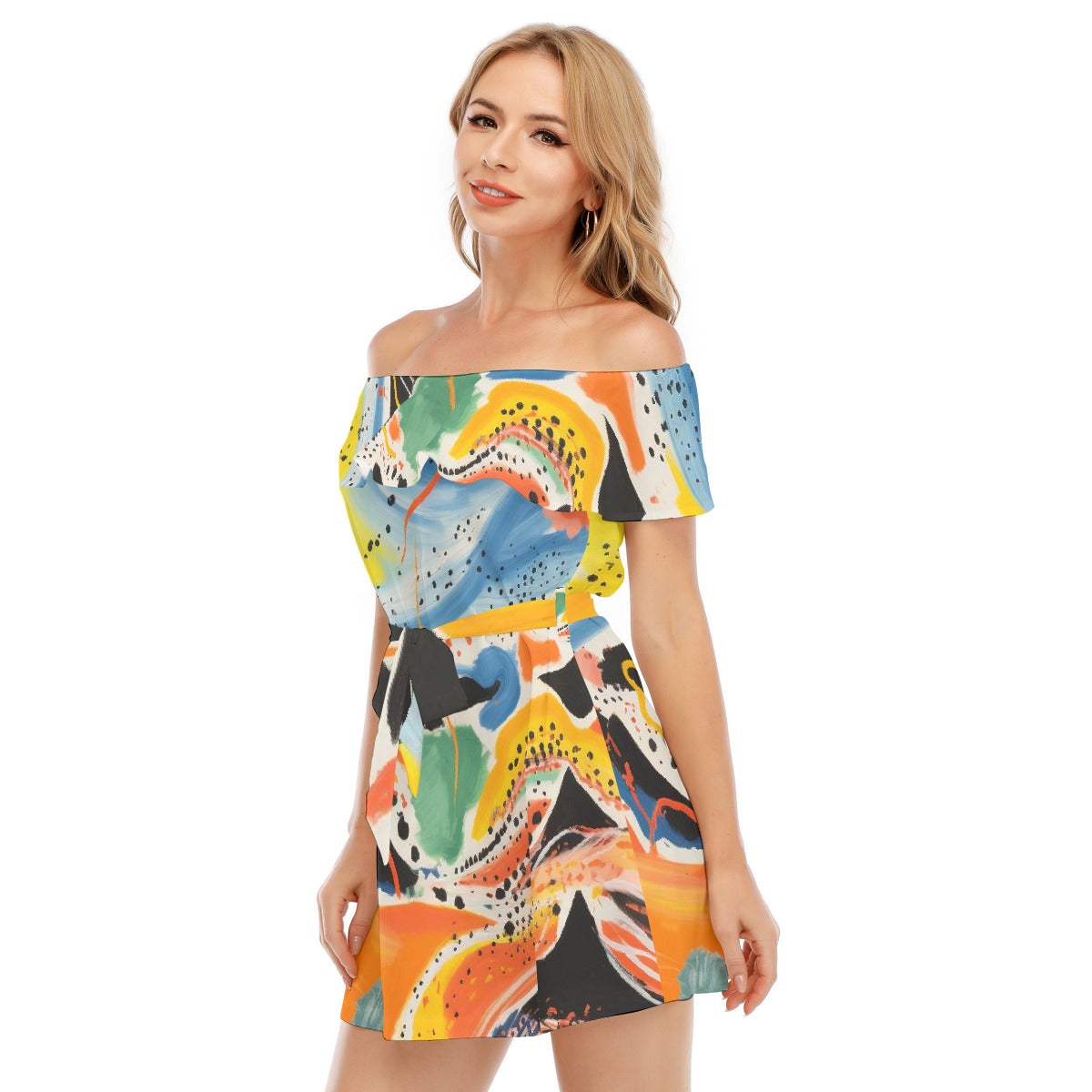 All-Over Print Women's Off-shoulder Dress With Ruffle