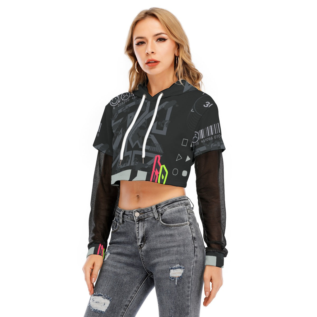 All-Over Print Women's Fake Two-piece Mesh Sleeve Cropped Hoodie