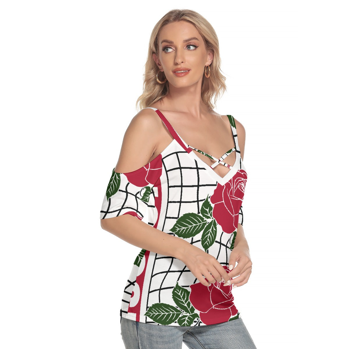 All-Over Print Women's Cold Shoulder T-shirt With Criss Cross Strips