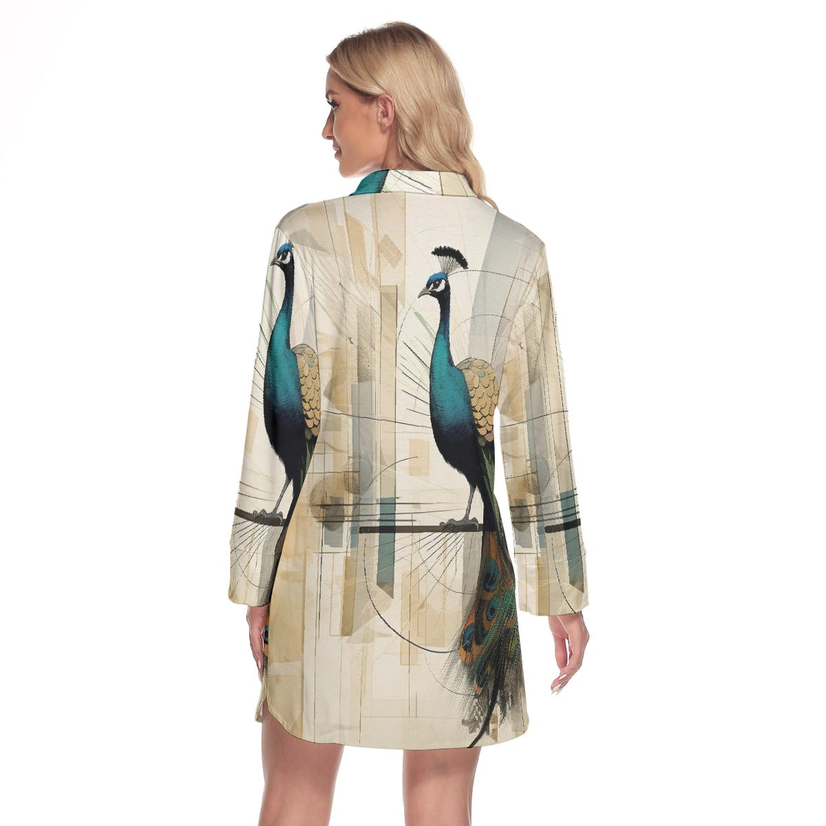 All-Over Print Women's Lapel Shirt Dress With Long Sleeve