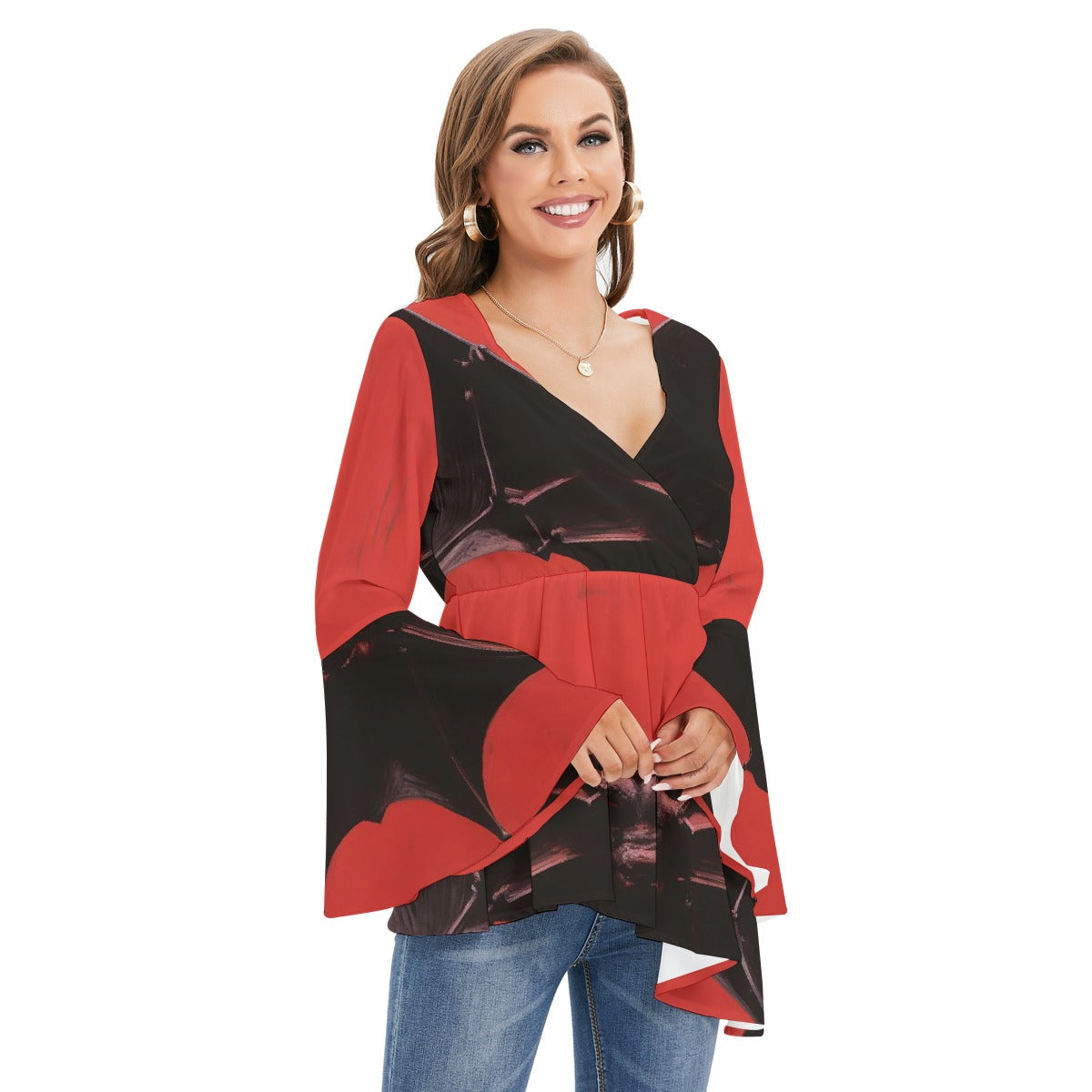 All-Over Print Women's V-neck Blouse With Flared Sleeves