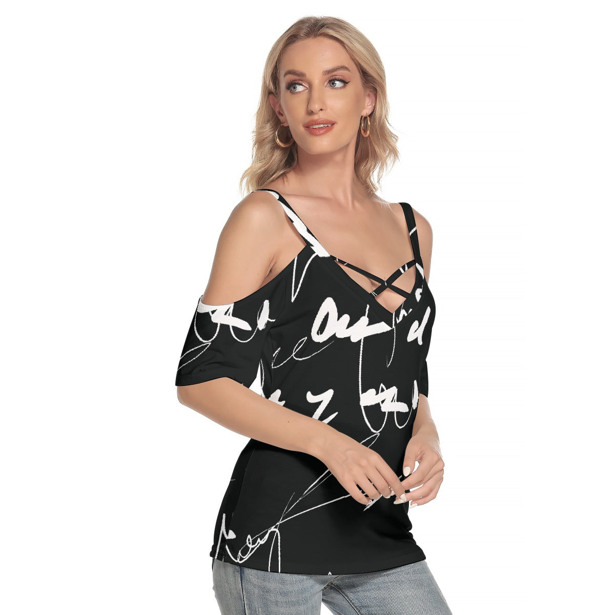 All-Over Print Women's Cold Shoulder T-shirt With Criss Cross Strips