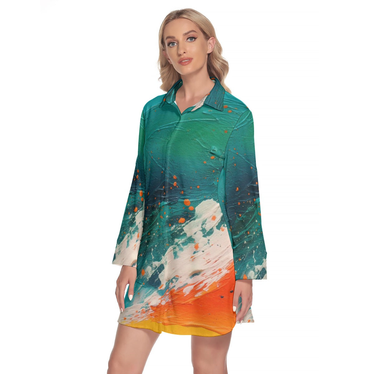 All-Over Print Women's Lapel Shirt Dress With Long Sleeve