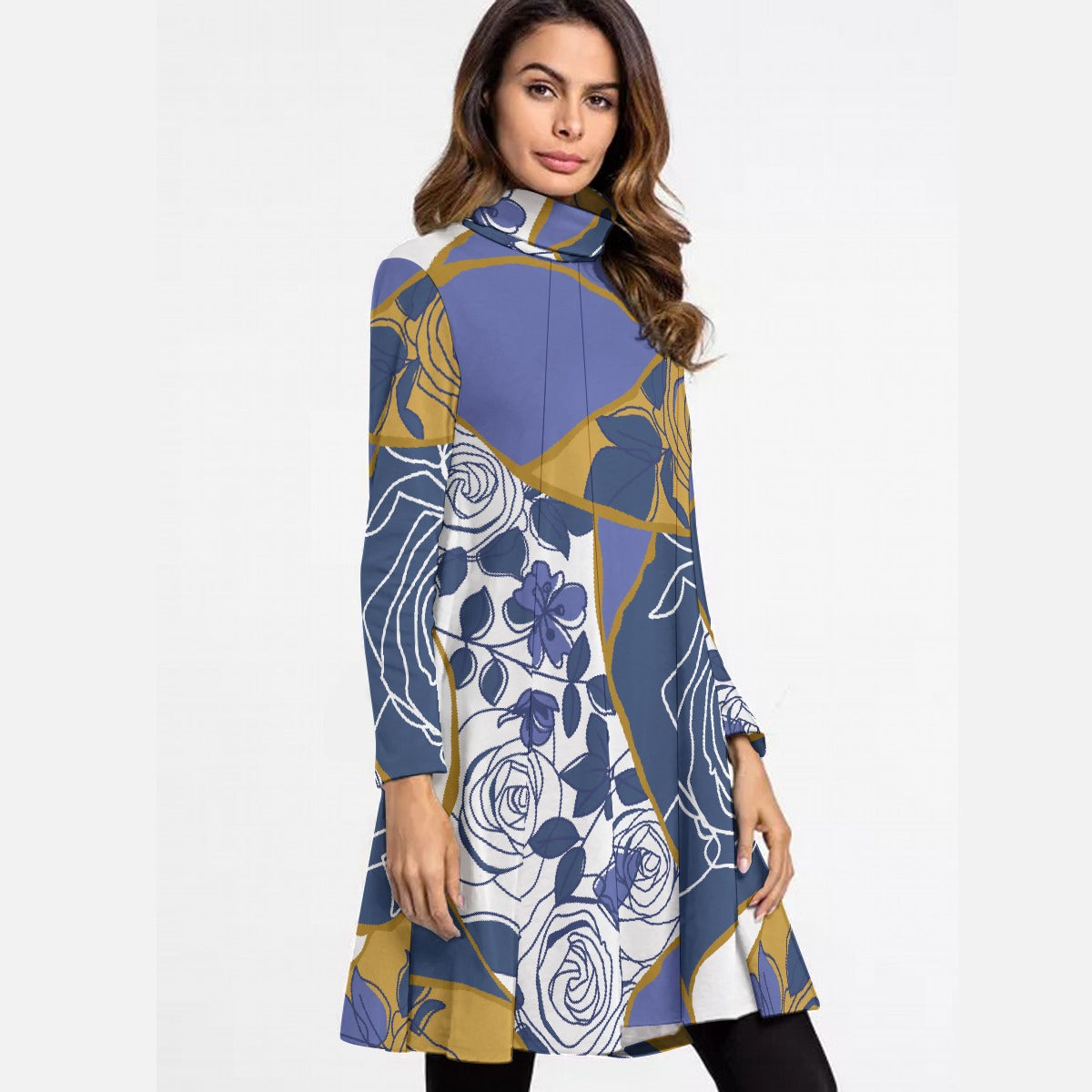 All-Over Print Women's High Neck Dress With Long Sleeve