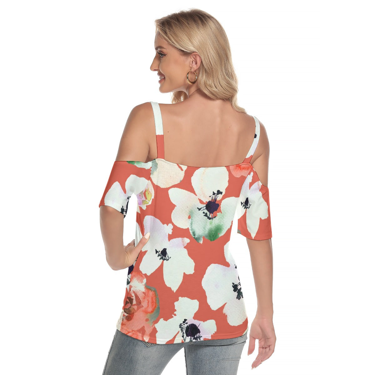 All-Over Print Women's Cold Shoulder T-shirt With Criss Cross Strips