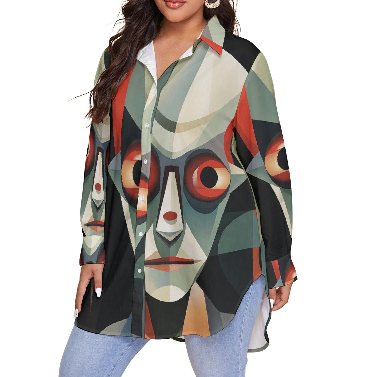 All-Over Print Women's Shirt With Long Sleeve(Plus Size)