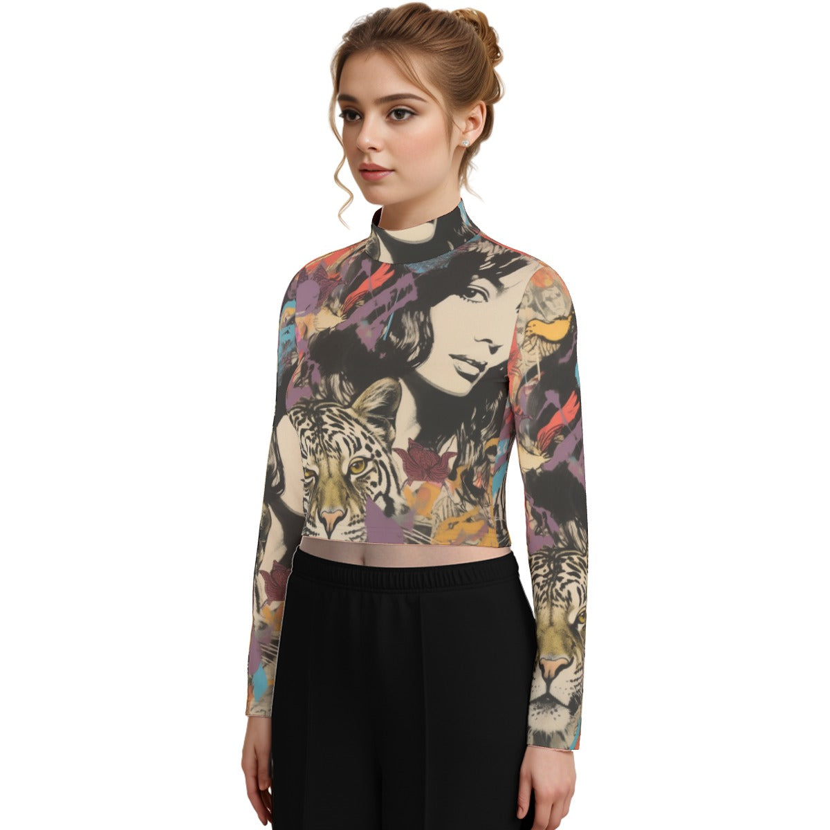 Eco-Friendly All-Over Print Women's Turtleneck T-shirt With Long Sleeve