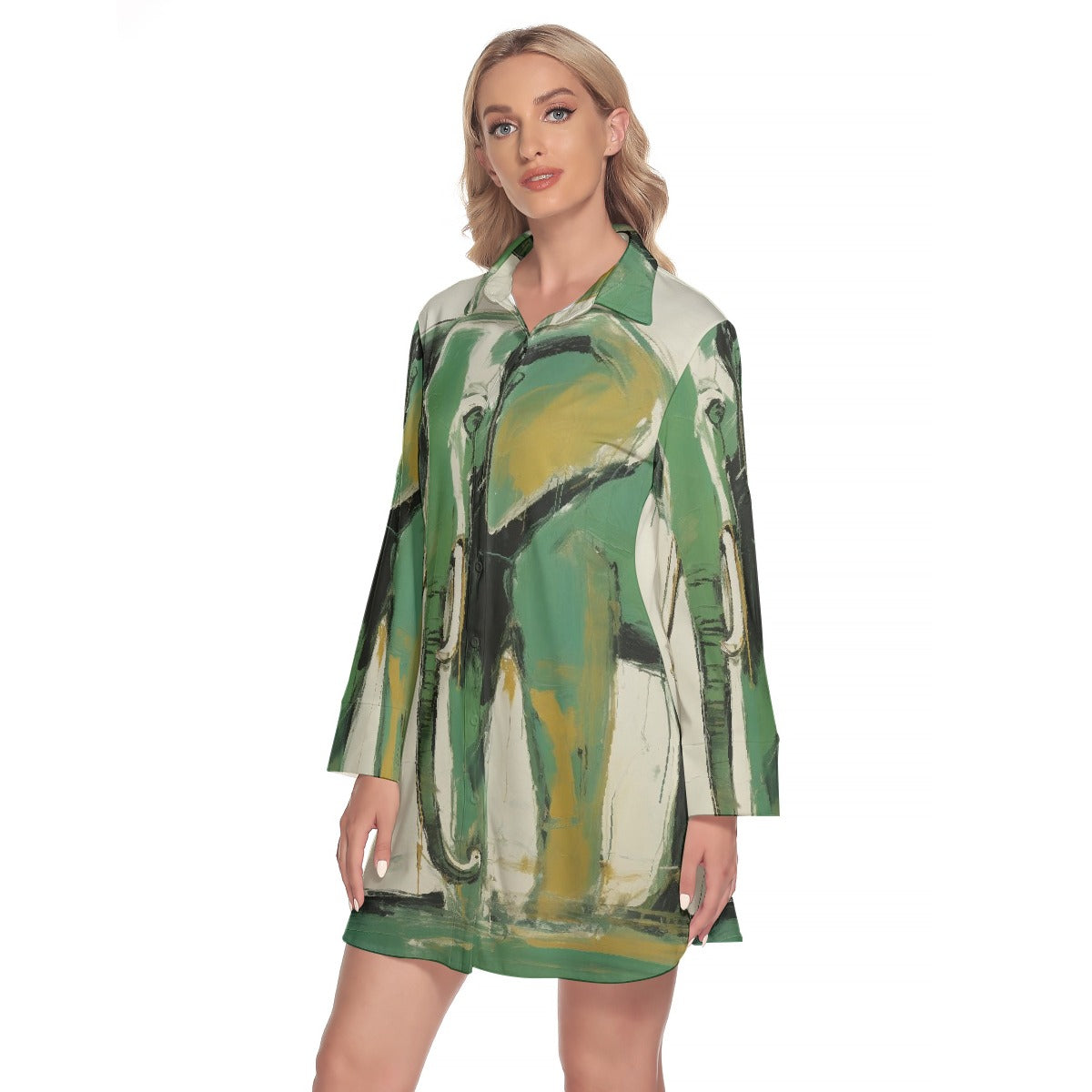 All-Over Print Women's Lapel Shirt Dress With Long Sleeve