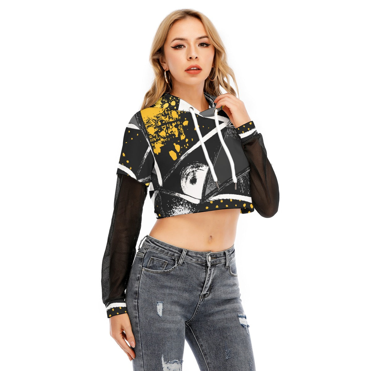 All-Over Print Women's Fake Two-piece Mesh Sleeve Cropped Hoodie