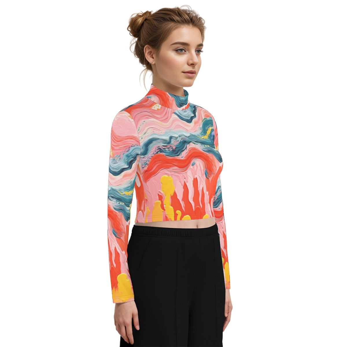 Eco-Friendly All-Over Print Women's Turtleneck T-shirt With Long Sleeve