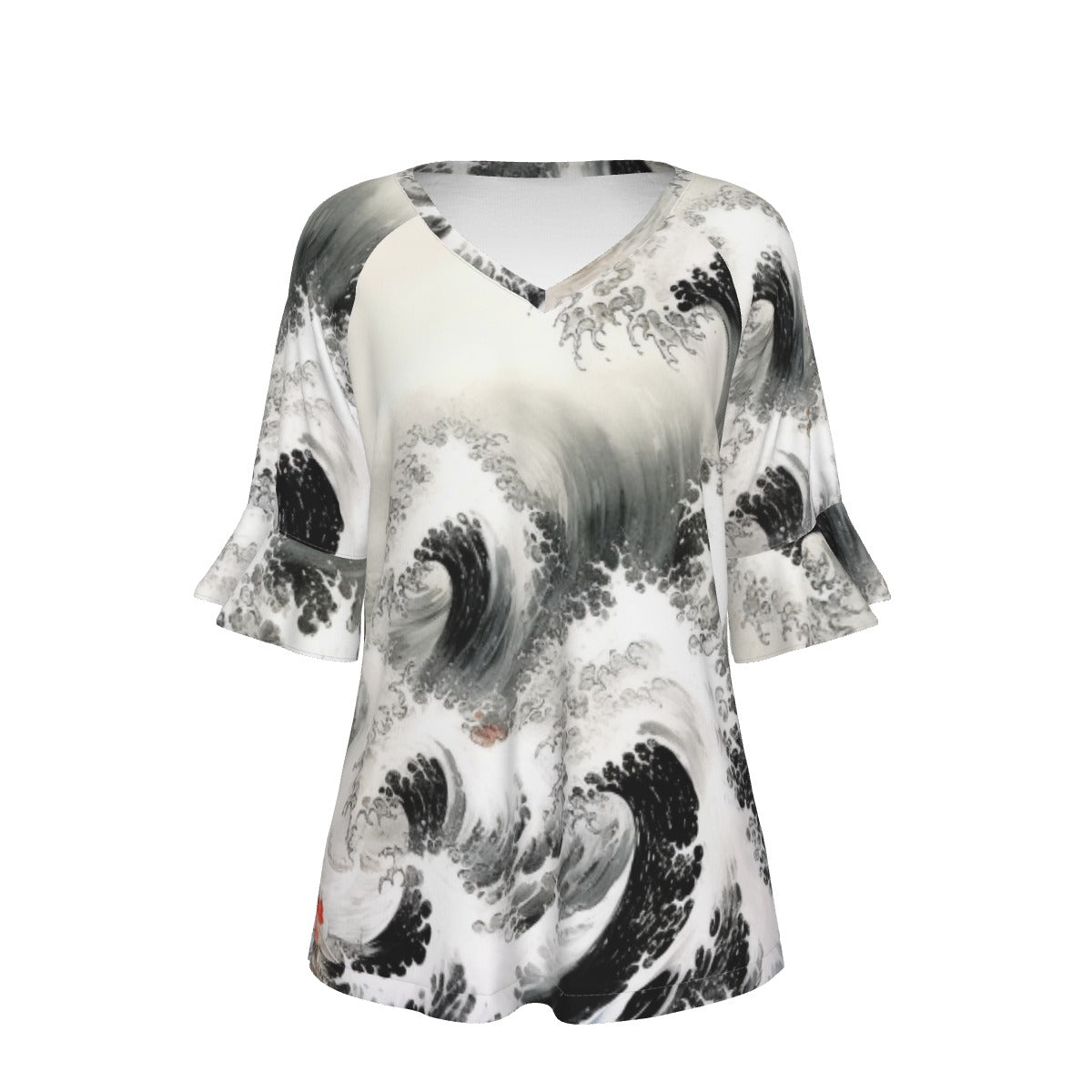 All-Over Print V-neck Women's T-shirt With Bell Sleeve